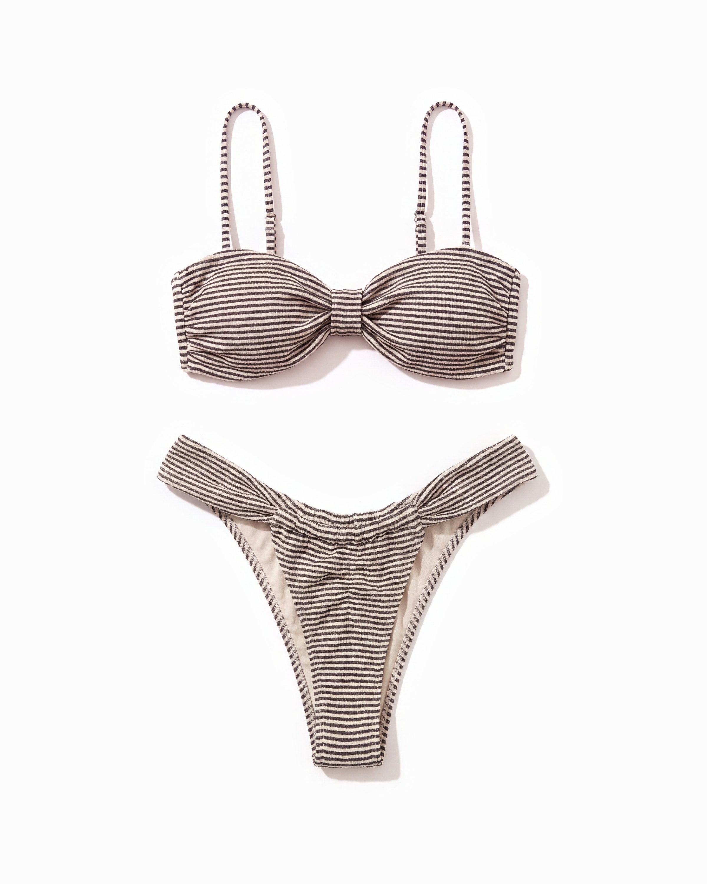 Camille Set laid flat: striped twist-front bandeau top and bottoms